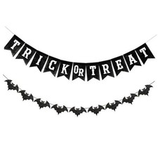 Black Trick or Treat Burlap Banner with Glitter Bat Garland Halloween