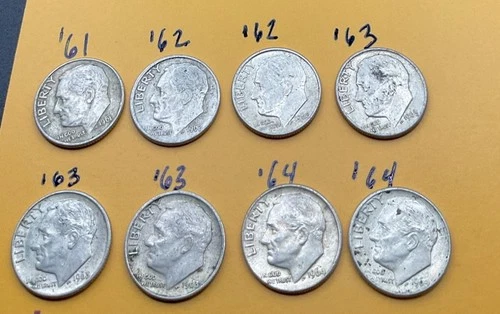 Lot Of 8 Franklin Dimes 1961-1964 Qty 8 Silver Coins Exactly As Shown