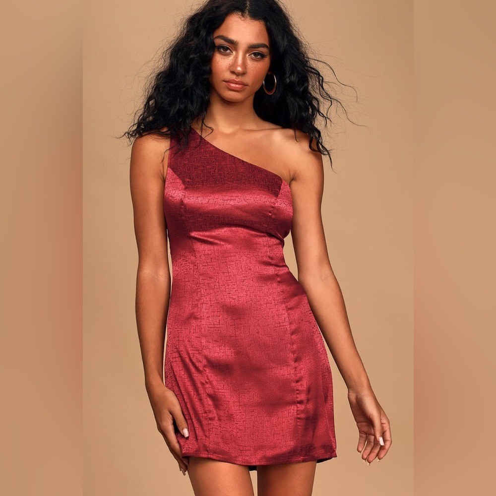 Lulus Dress Women L Berry Pink One Shoulder Textured Satin Bodycon Mini Dress