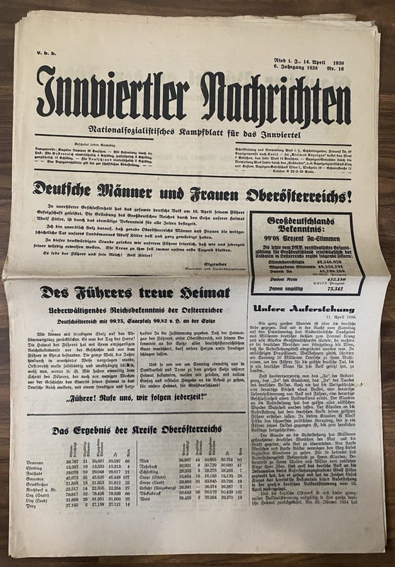 1938 Innviertler Nachrichten Newspaper – Historical German Plebiscite/Anschluss
