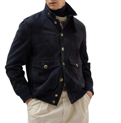 Men's Navy Blue Suede Leather Jacket 100% Real Suede Flight/Bomber Biker Jacket