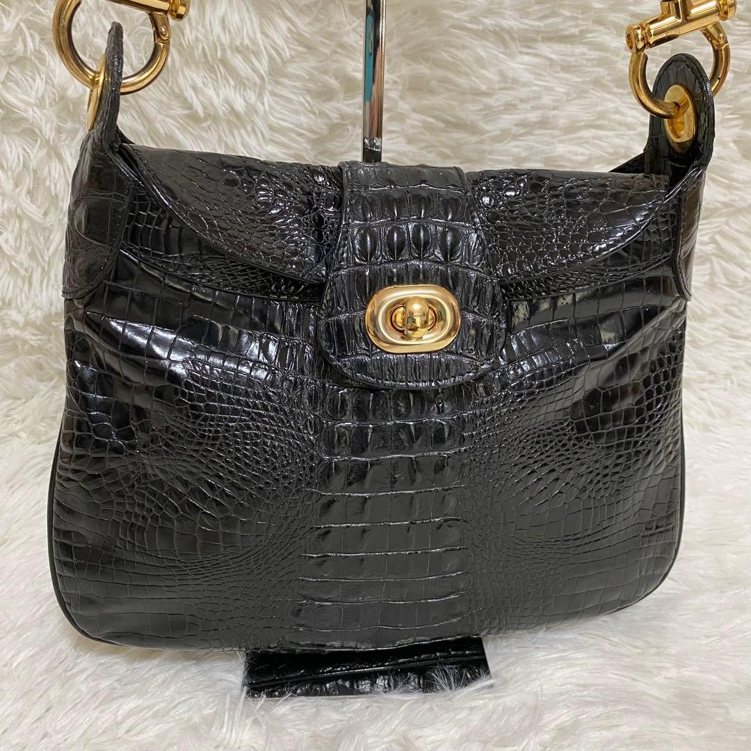 Pourchet Paris Croco Embossed Shoulder Bag Purse Leather in Black Present JAPAN