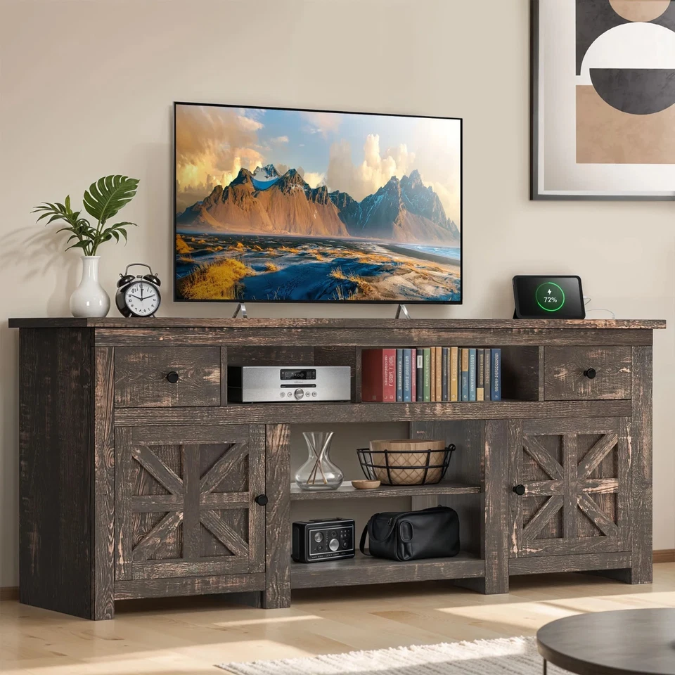 Consola de soporte de TV rústica para televisores de 80 pulgadas con estantes tomas de corriente gabinete multimedia Foto 2 de 4
