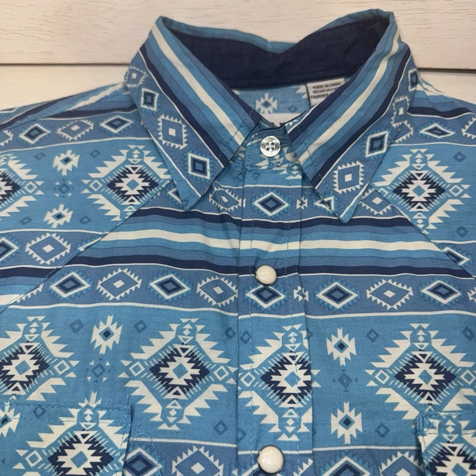 Roper Shirt Mens Med Blue Aztec Geometric Western Pearl Snap Long Sleeve Cotton - Image 3 of 4