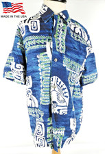 Vintage Andrade Honolulu Hawaiian Shirt 1960s Blue Tribal Geometric Large USA