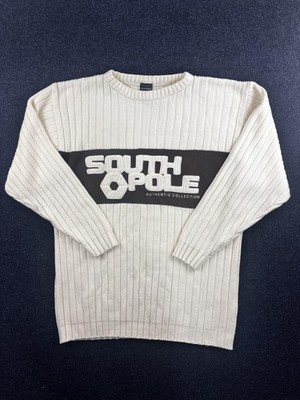 Southpole Sweater Mens XL White Black Ribbed Knit Crewneck Authentic Collection