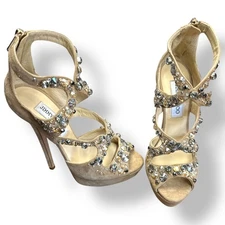Jimmy Choo Zafira Crystal Platform Heels Nude Suede 37 🌟✨ Stiletto Sandals