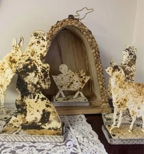 Five-Piece Rusty Metal Christmas Manger Nativity Scene Rustic