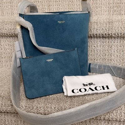   COACH Bleecker Bucket Bag 21 Crossbody Suede/Brass/Sea Blue CCW84 + Pouch NWT