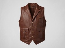 Men's Brown Leather Motorcycle Vest Biker Waistcoat Western Snap Front Cowhide