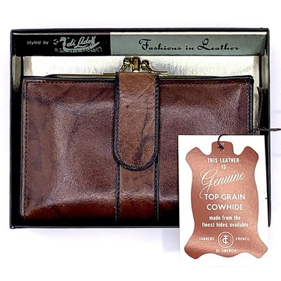 Vintage Di Lido French Wallet Leather Brown Cowhide Kiss Latch New in Box * READ