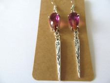 NEW TRIANGLE CITRINE-PINK CRYSTALS-ETCHINGS STEM SILVER PLATED PIERCED EARRINGS