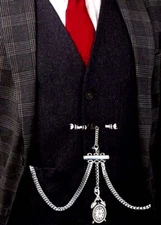 Stainless Steel Pocket Watch Albert Double Chain With Ornate Fob & T-Bar