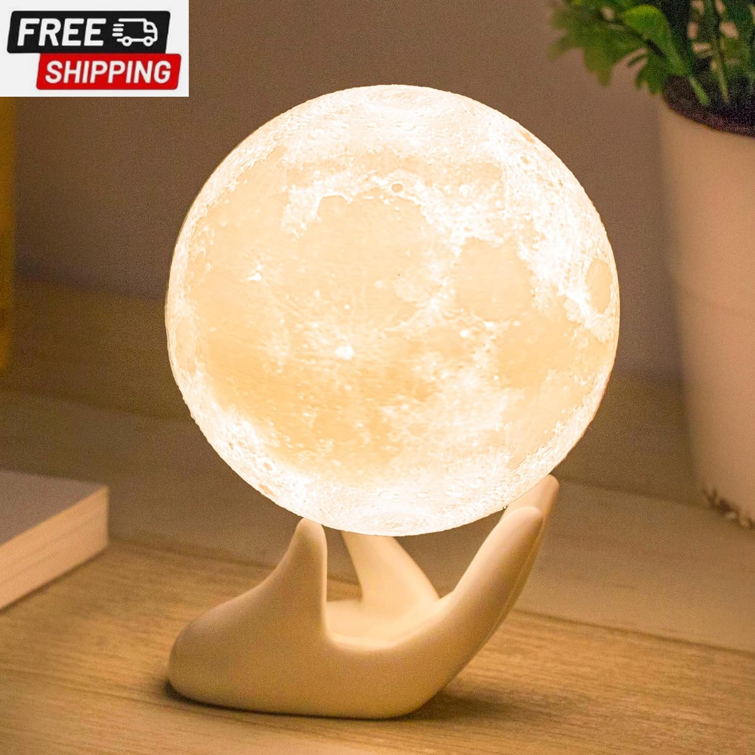 3D Moon Lamp with Ceramic Base, Christmas Day Gift, LED Night Light, Mood Lighti