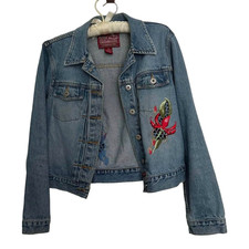 Fossil Medium Vintage 90's Jean Jacket Embroidered Red Floral