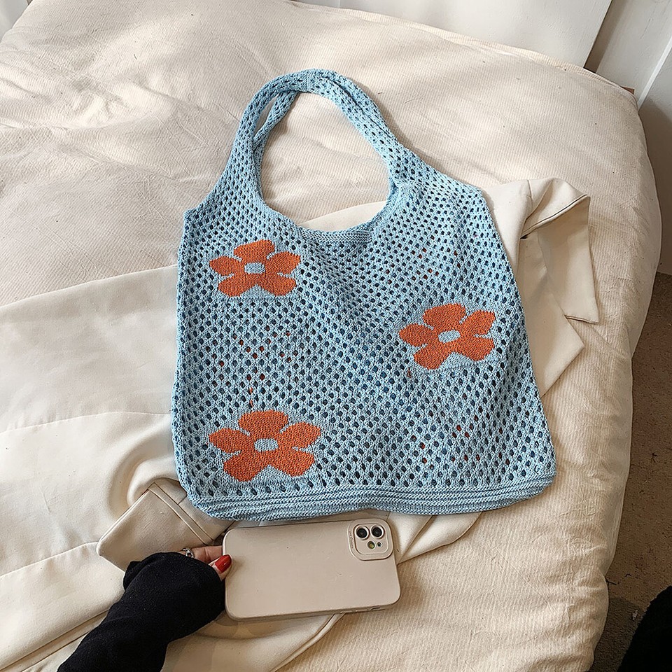 Women Crochet Shoulder Bag Flower Pattern Hollow Out Female Outdoor Bag (Blue) eBay