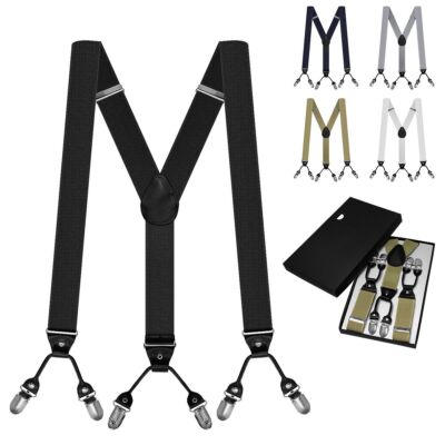 Suspenders with 6 Strong Clips Mens Y Shape Black White Grey Dark Blue Khaki