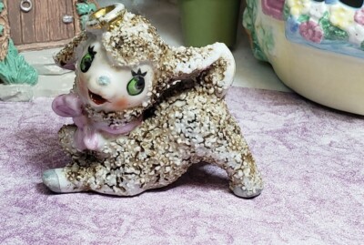   Vtg THE SWEETEST lil BROWN sheep LAMB Salt Sugar Textured Fur PINK bow halo  