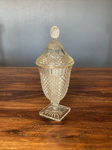 Vintage Anchor Hocking Glass MISS AMERICA Tall Footed Candy Dish Apothecary Jar