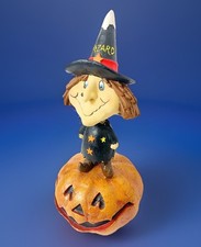 Vintage Chalkware Witch Wizard Bobblehead Figure on Jack-o-lantern Whimsical 11"