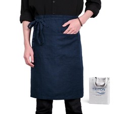 Pure Linen Bistro Half Apron - 25 x 35 Inch Unisex Waist Aprons with Large Po...