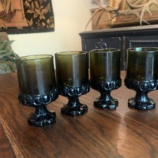 4 Vintage Tiffin Franciscan Madeira Olive Green 5  Footed Goblet Water Glasses