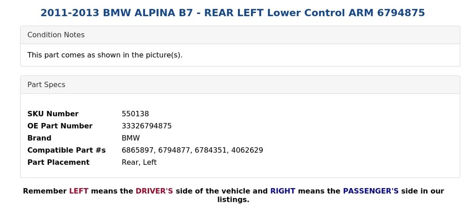 2011-2013 BMW ALPINA B7 - REAR LEFT Lower Control ARM 6794875 - Image 4 of 4