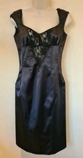 D&G Dolce & Gabbana Pencil Dress Black Satin Plunge V Neck Italy 28/42 UK 10