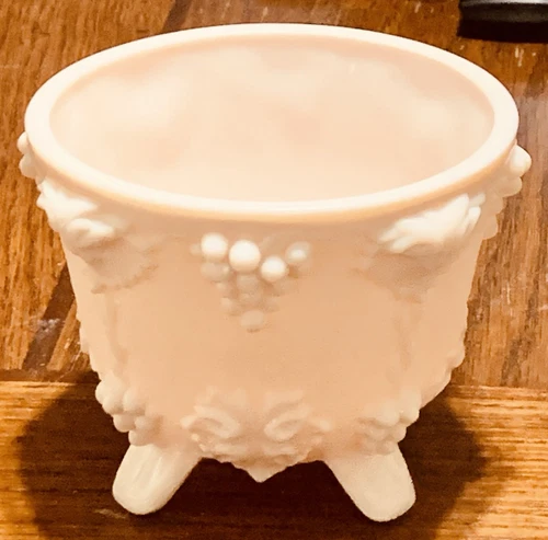 3.5”H Jeanette Shell Pink Milk Glass Hobnail Grape Pattern Footed Sugar Bowl Jar