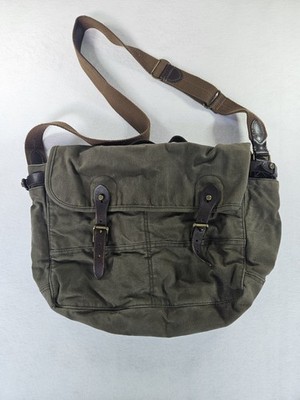 J.Crew Canvas & Leather Messenger Bag Army Green Adjustable Strap Work Travel