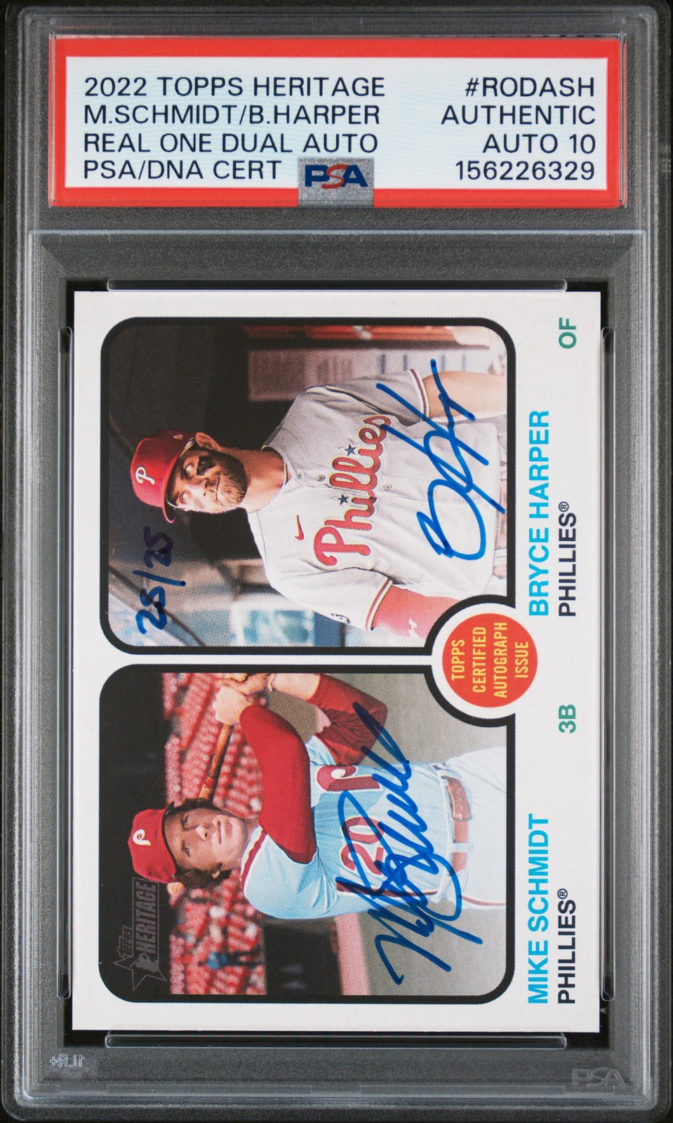 2022 TOPPS HERITAGE BRYCE HARPER MIKE SCHMIDT 25/25 PSA AUTHENTIC DNA AUTO 10 view 1