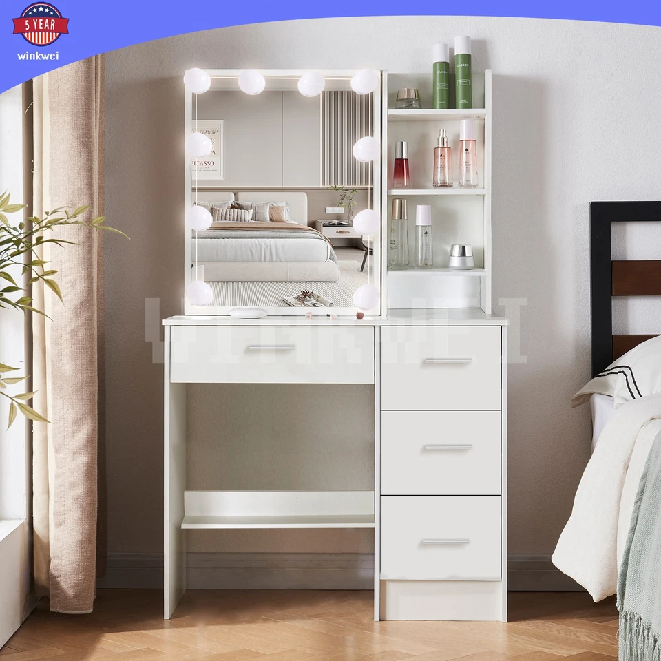 Juego de tocador pequeño de escritorio con espejo deslizante 7 estantes tocador de maquillaje de madera Foto 3 de 4