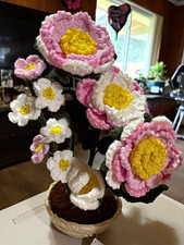 Handmade Crochet Yarn Daisy Flower Arrangement in Pot Pink White Yellow Green
