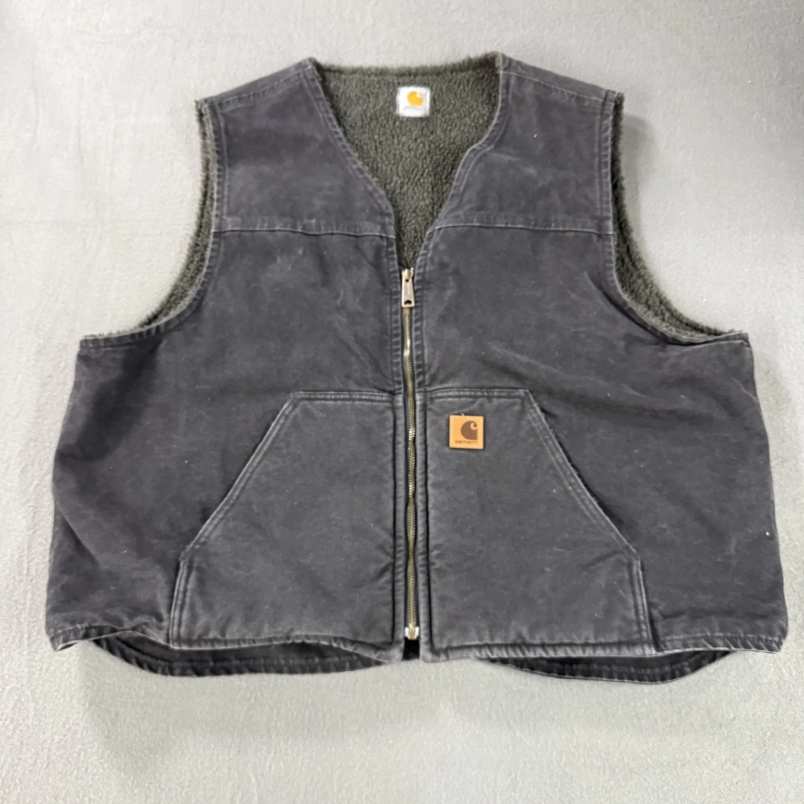 Vintage Carhartt Vest Mens 2XL Black Canvas Sherpa Lined Fleece Workwear Utility