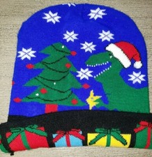 boys blue CHRISTMAS DINOSAUR WINTER BEANIE HAT one size fits most PRESENTS FLAKE