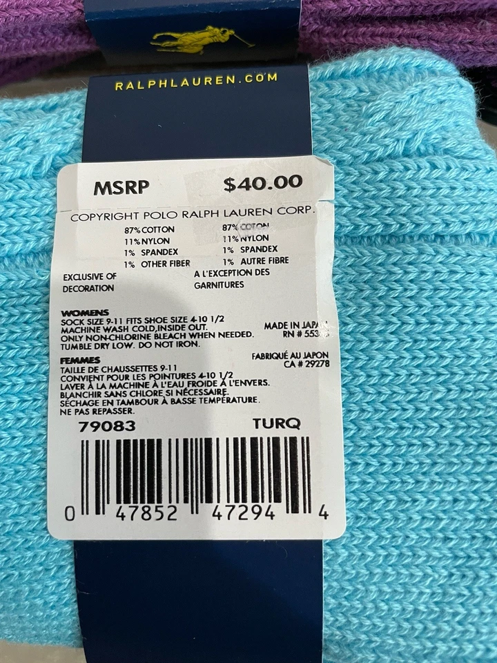 2 Ralph Lauren Polo Pony Damas Bota Calcetines 87% Algodón Cable Tejido Azul y Púrpura Foto 4 de 4