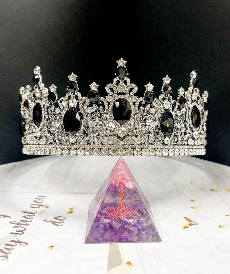 Royal King Crown, Black Crystal Crown, Silver Wedding Crown, Prom Crown, XL Size - Image 2 of 4