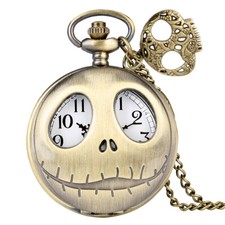 Classical Hollow Skull Cover Bronze Unisex Quartz Pocket Watch Necklace Chain
