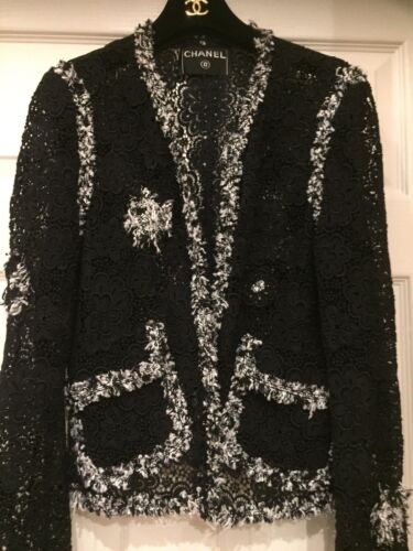 CHANEL 04P Vintage CROCHET Black Ecru TWEED LACE Camellia Jacket FR38- FR40  | eBay