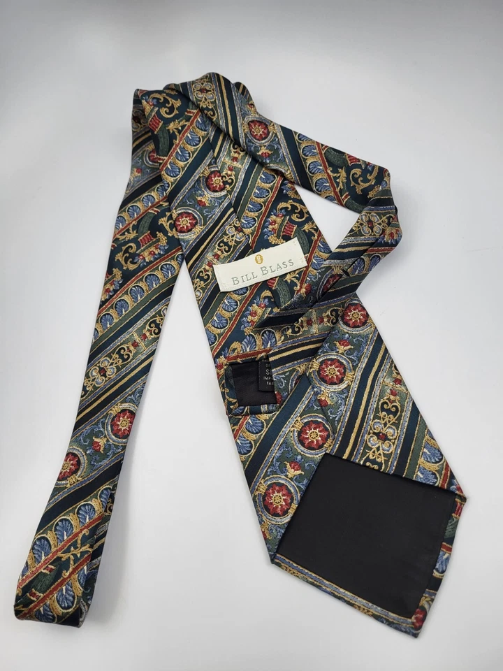 Bill Blass Silk Tie Blue Gold Red Baroque Geometric Necktie Short USA 55 x 3.75 - Image 4 of 4