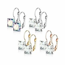 Square CZ Gem Pair Earrings - 316L Stainless Steel Lever Back 20GA Earrings