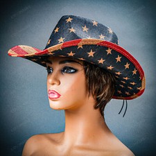 USA American Flag Large Curved Brim Western Cowboy Cowgirl Party Night-out Hat