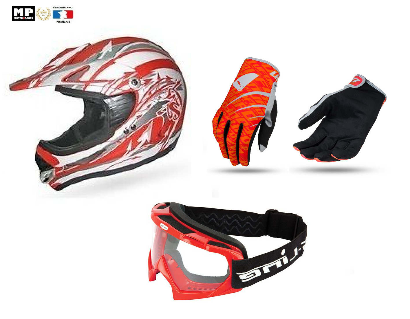 Kit casque cross rouge et blanc taille L doté de protections avec gants et masque assortis