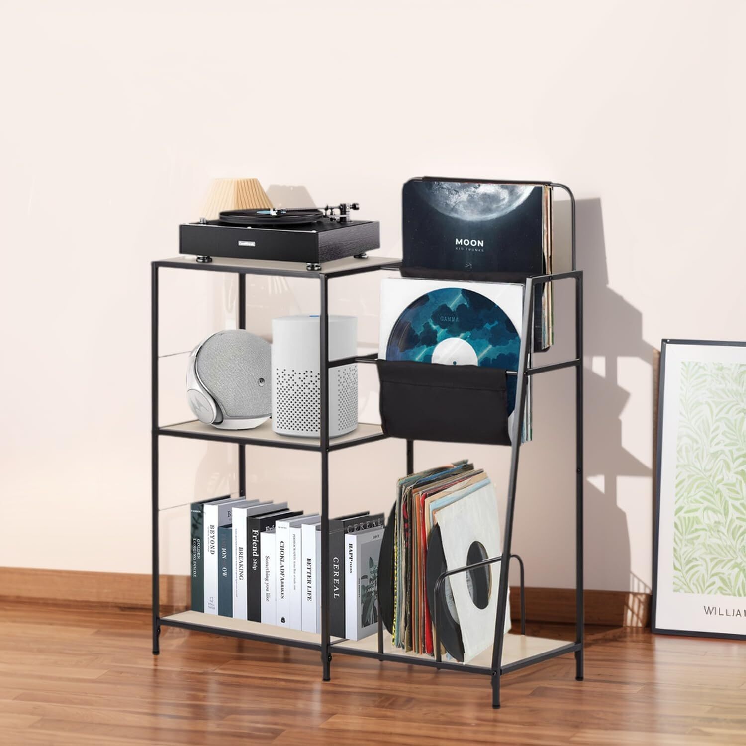 Compact White Maple Record Player Stand – Organizes 200 Albums & Turntable-image