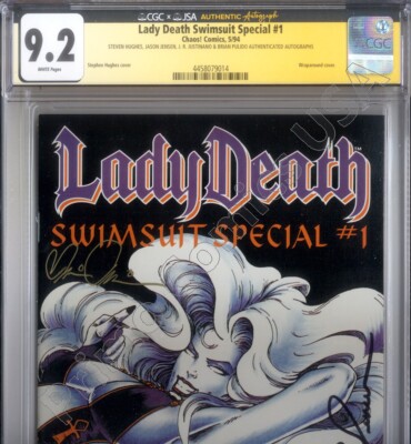 PRIMO:  LADY DEATH Swimsuit #1 rare SIGNED 4X Chaos comics 1994 NM- 9.2 CGC JSA