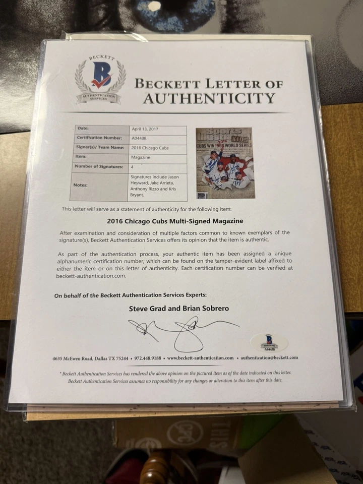 BRYANT, RIZZO, HEYWARD, ARRIETA SIGNED SPORTS ILLUSTRATED CUBS - RARE (NO LABEL) - Image 3 of 3