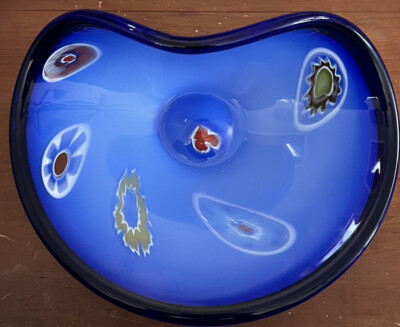Murano Style Millefiori Artglass Bowl Colbalt Blue 10   Multi Colored Floral