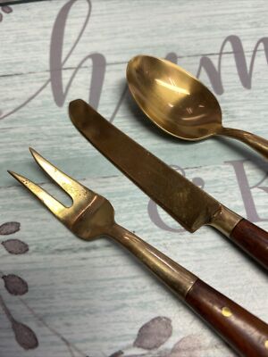 VINTAGE THAILAND BRONZE NICKEL MINI FORK KNIFE SPOON WOODEN/GOLDEN