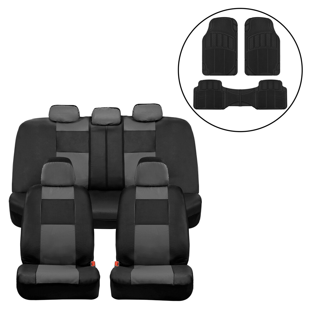Full Set Charcoal PU Leather Car Seat Covers Combo with Black Rubber Floor Mats