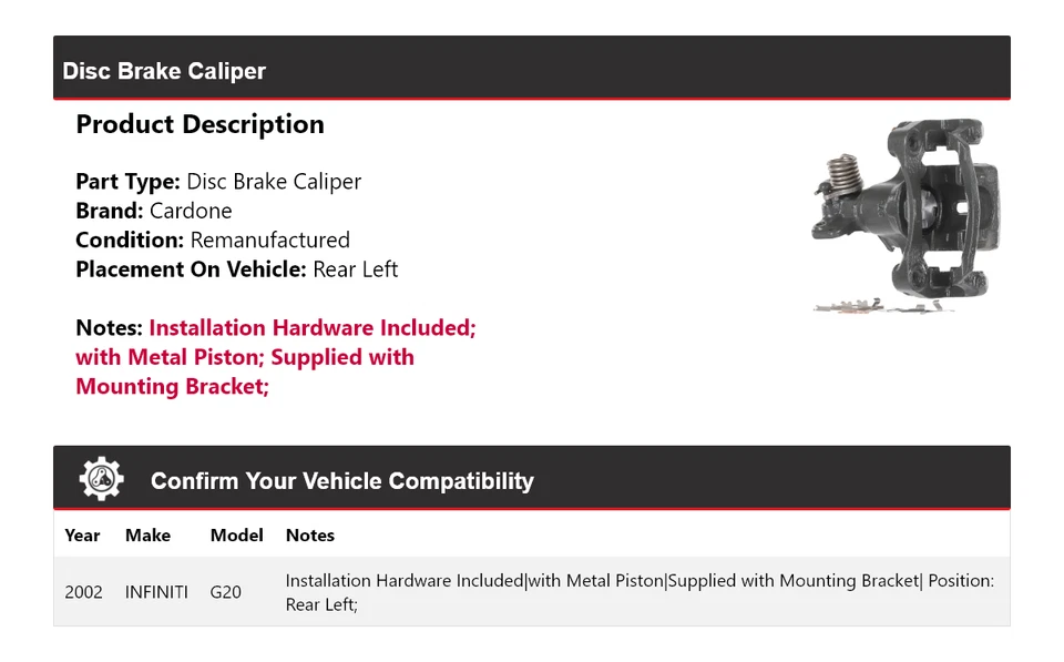 Pinza de freno de disco trasera izquierda Cardone Infiniti G20 2002 Foto 2 de 4